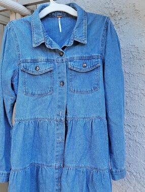 Free People Blue Denim Button-Front Tiered Dress